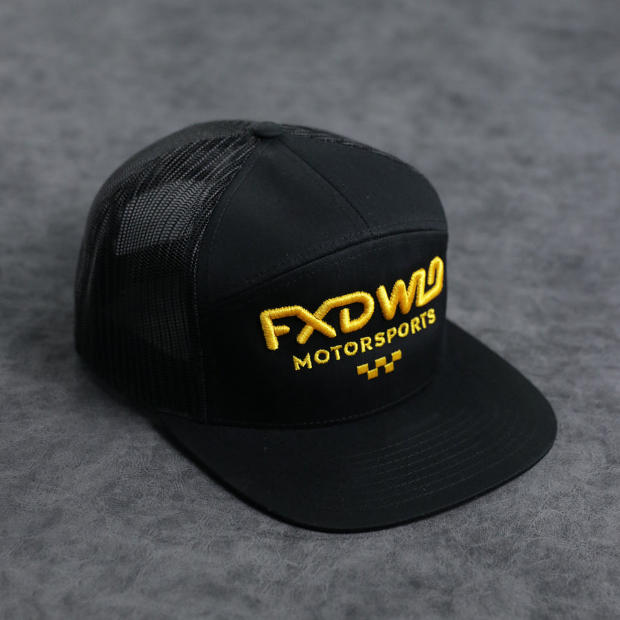 Black 7 Panel Trucker Hat - Yellow Logo